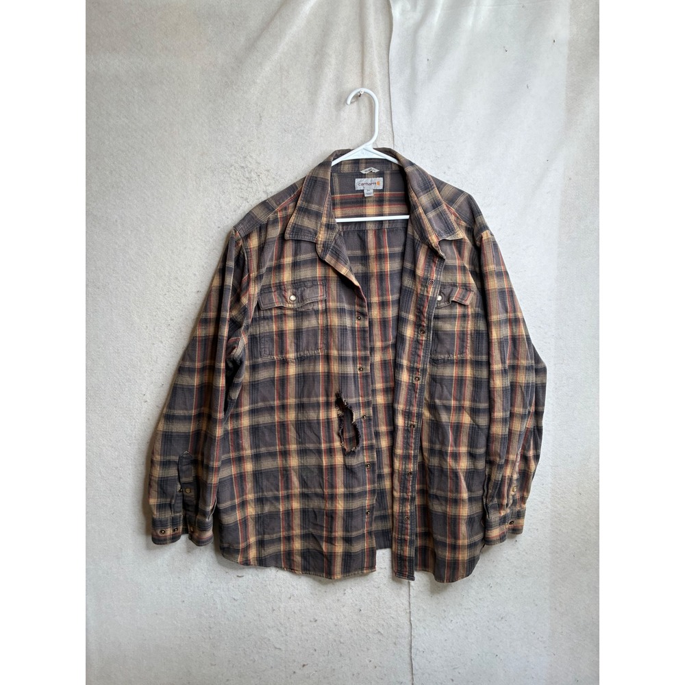 Carhartt Mens 3XL Relaxed Fit Plaid Flannel Shirt Brown Blue Distressed 101296